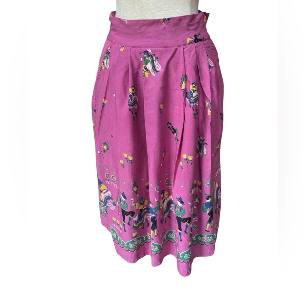 1950s Handmade Folk-Inspired Cotton Patio Skirt w/Hip Pockets & Left Side Quarte